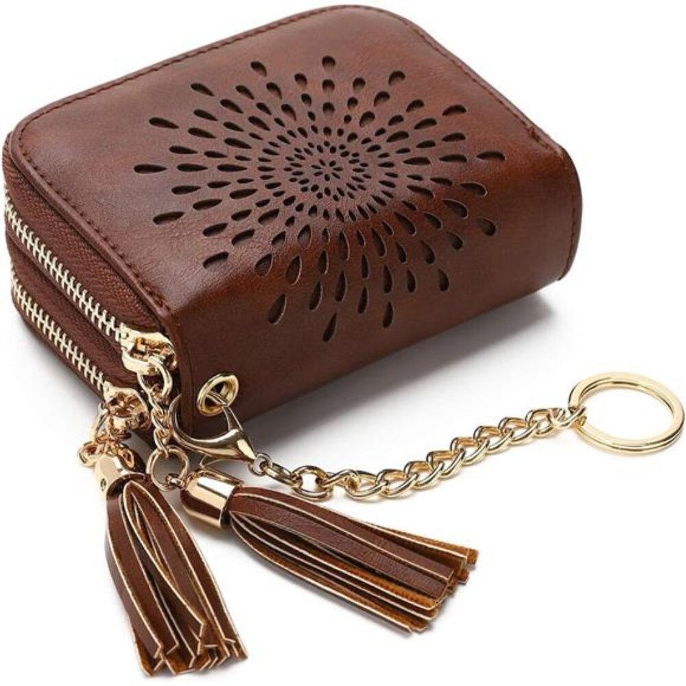 RFID Leather Card Holder Wallet for Women Small Zipper Coin Purse Keychain